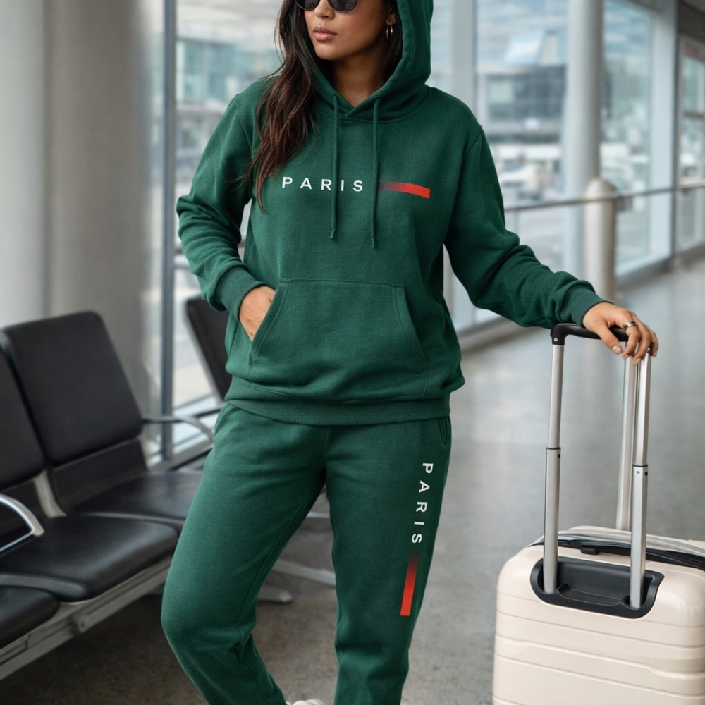 Paris Green Hoodie Jogger Sweat Set Fleece Lined Medium NWOT